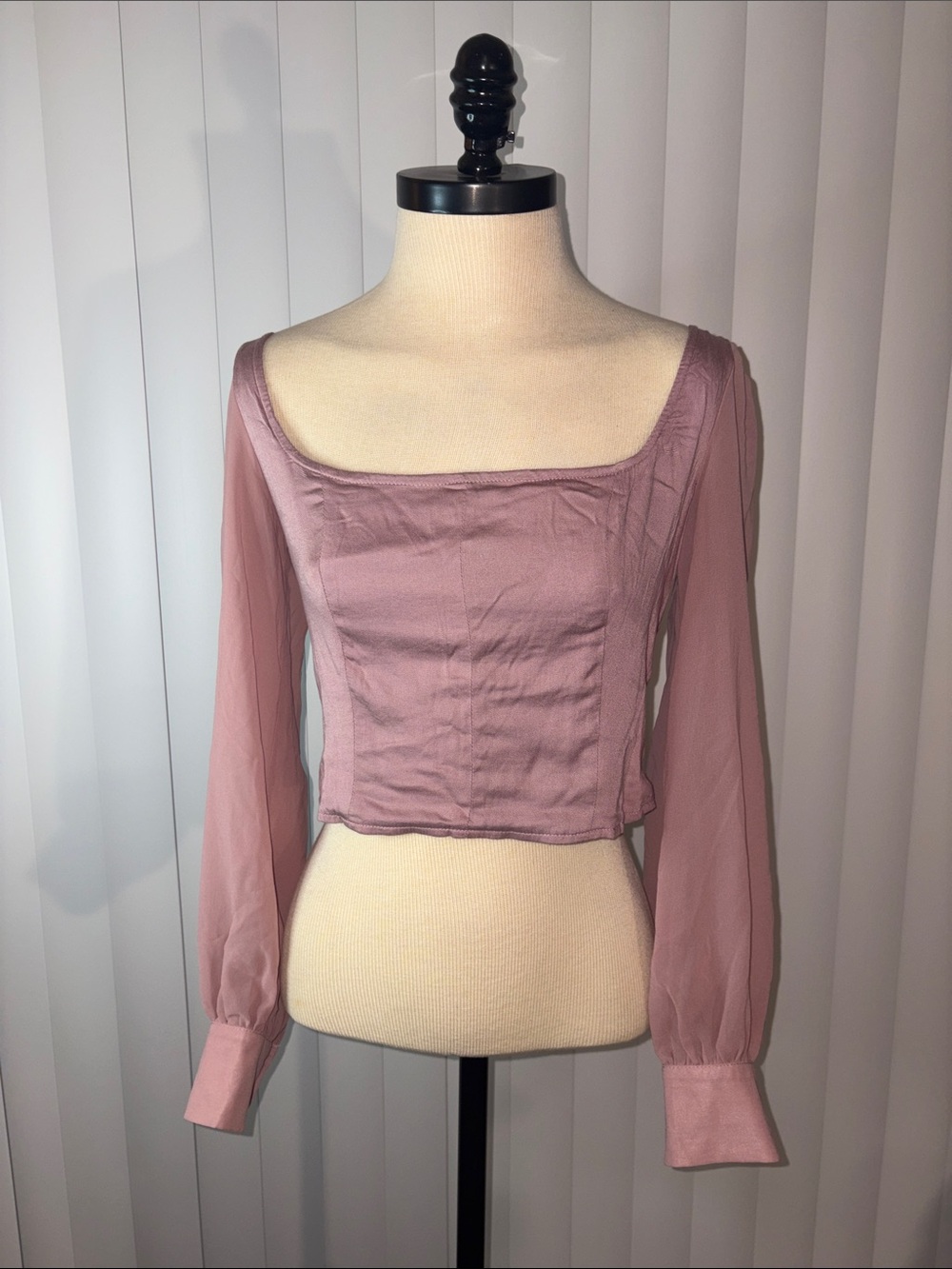 Urban Outfitters Lena Sheer Sleeve Corset Blouse Dusty Pink Medium